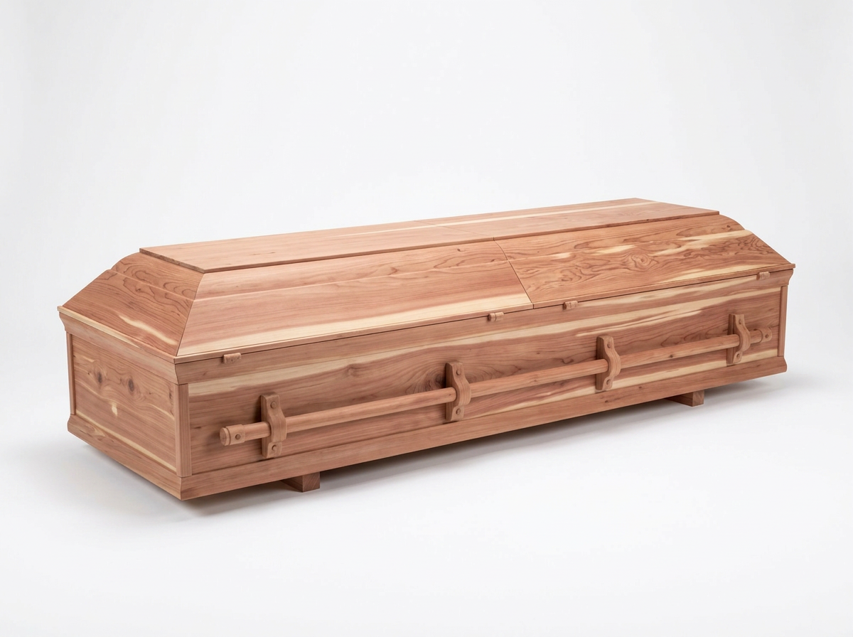 Stacks of handcrafted cedar and pine burial caskets in Brian's workshop