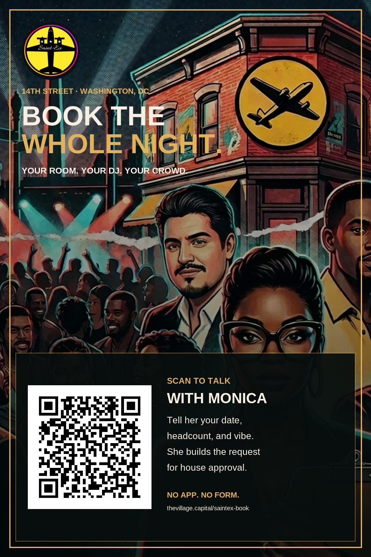 Saint-Ex Book the Whole Night badge with a QR code that opens Monica's event booking conversation