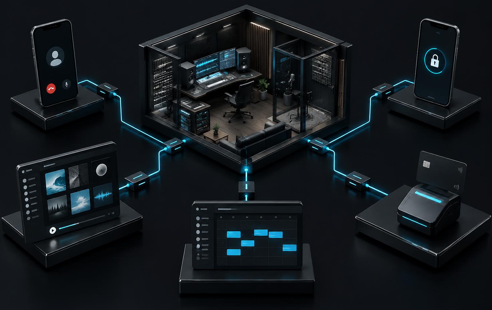 Isometric studio workflow linking a phone call, private music catalog, calendar and payment