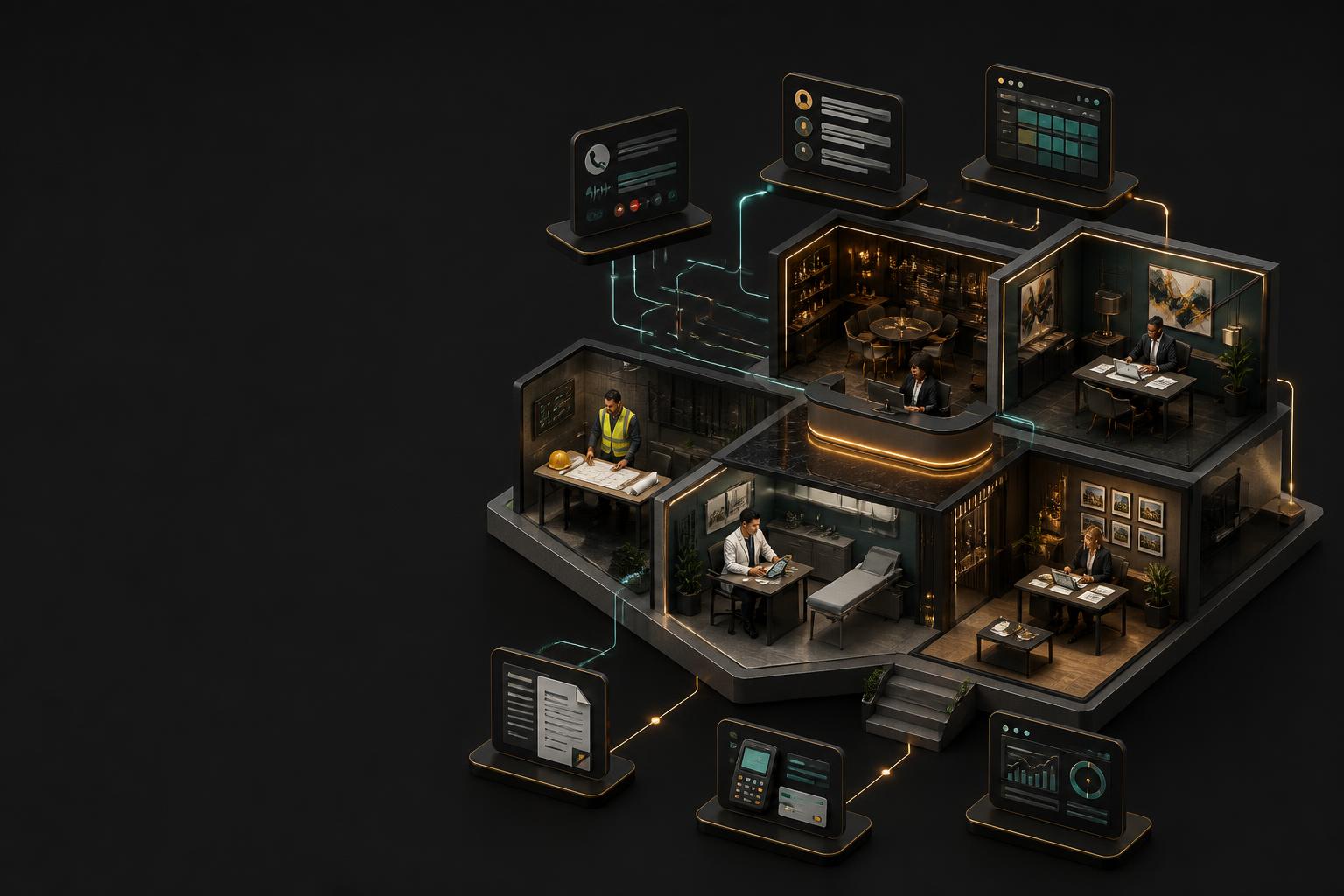 Isometric 3D model of The Village connecting calls, calendars, documents, payments, and professional storefronts