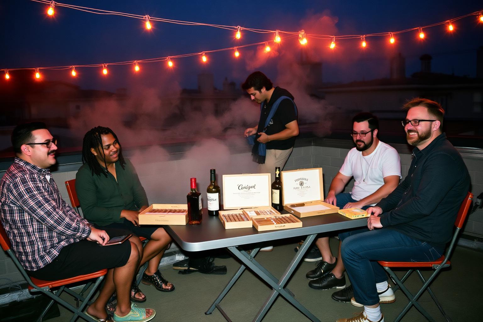 Cigar club meetup on a rooftop patio at dusk