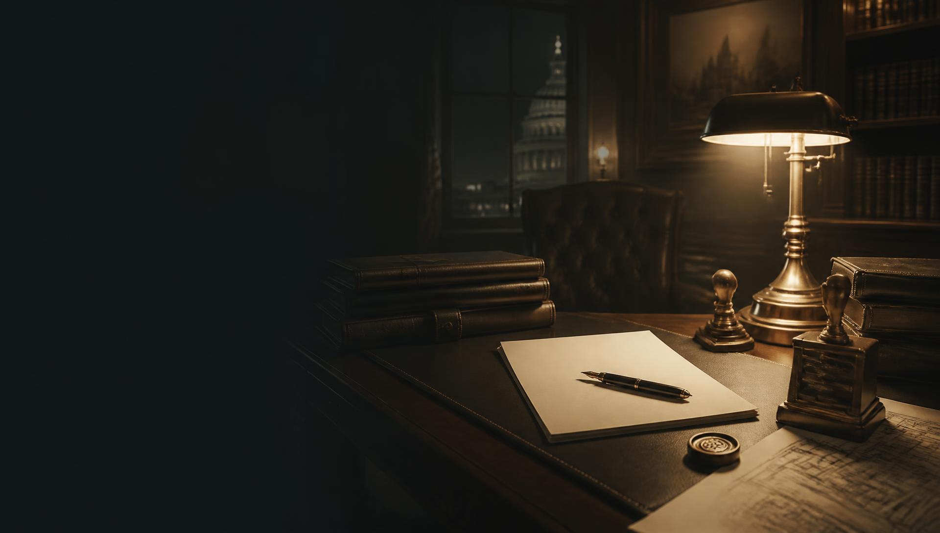 Vintage contracts atelier with brass lamp, leather folios and a wax seal