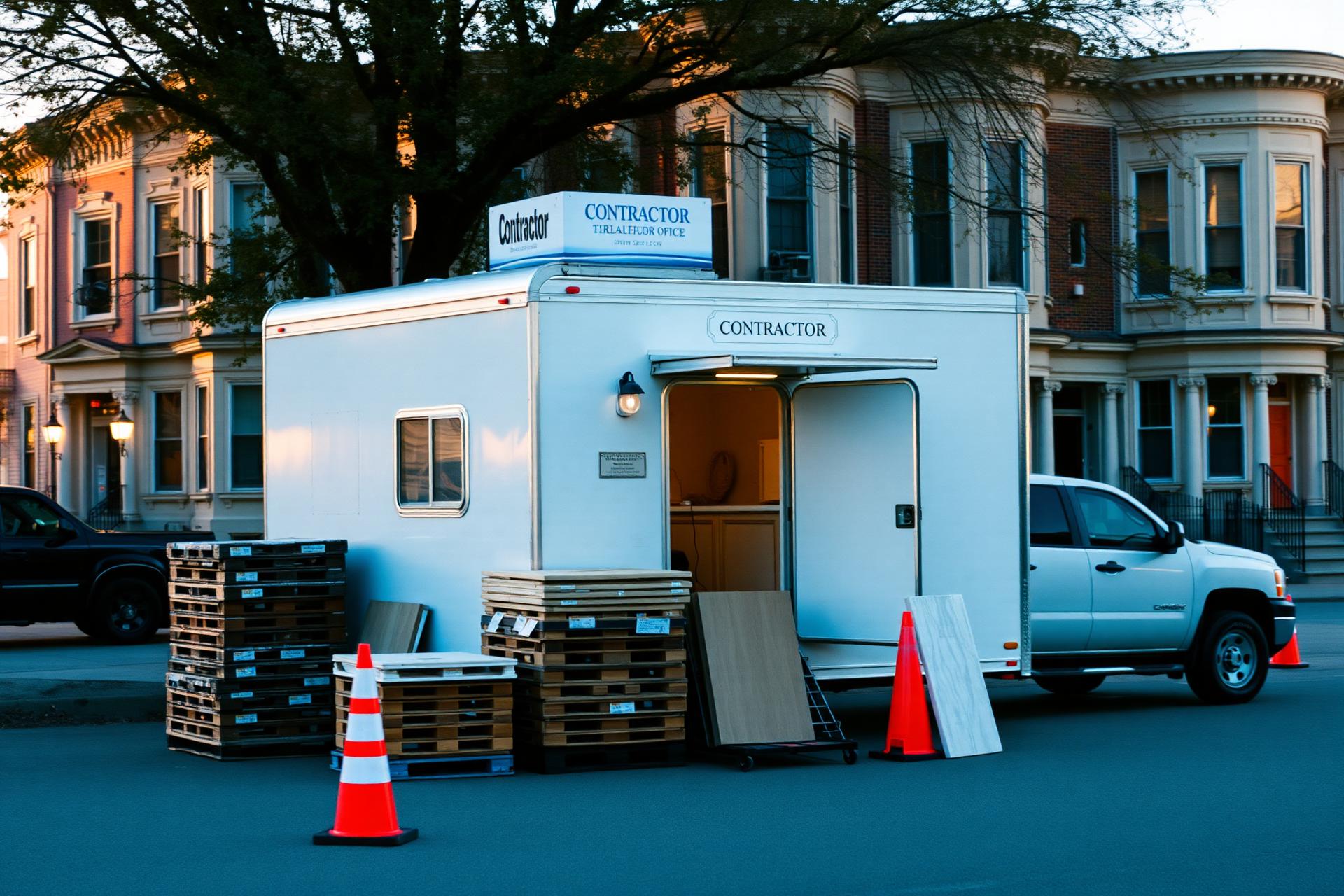 Troy's contractor field office trailer on a DC rowhouse block at golden hour