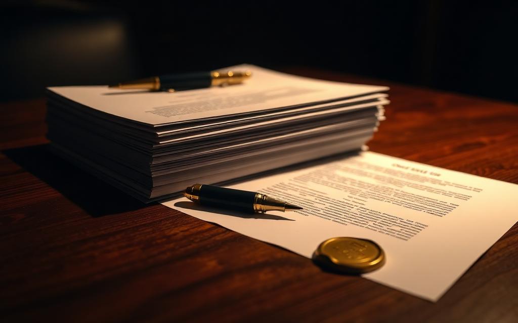 A stacked contract on a dark boardroom table with a pen and brass seal