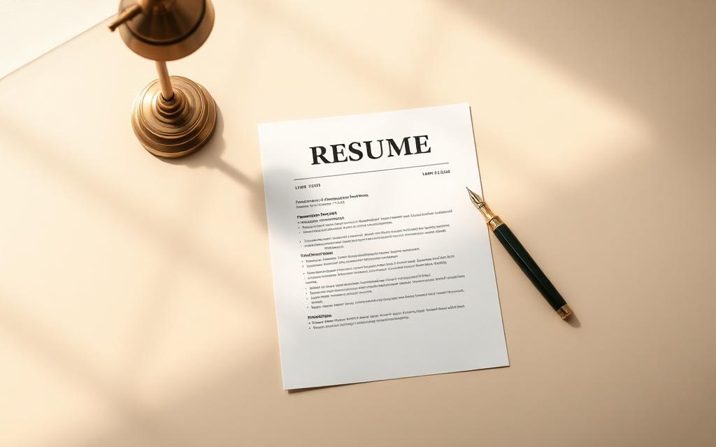 A printed resume on a cream desk with a fountain pen
