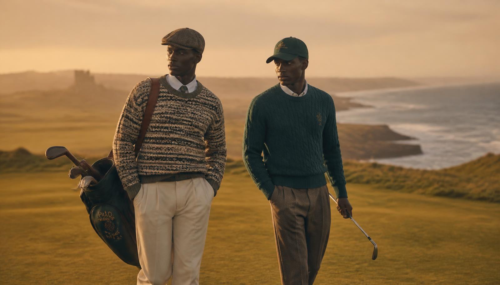 Two golfers in heritage knitwear walking a links fairway at golden hour