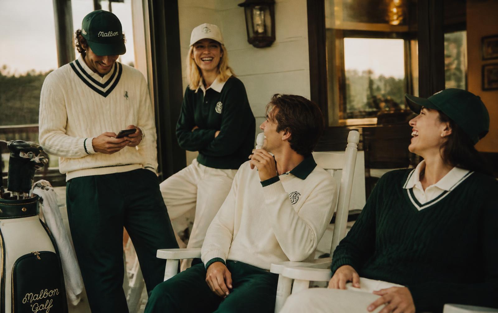 Golfers in vintage apparel laughing on a clubhouse porch at dusk