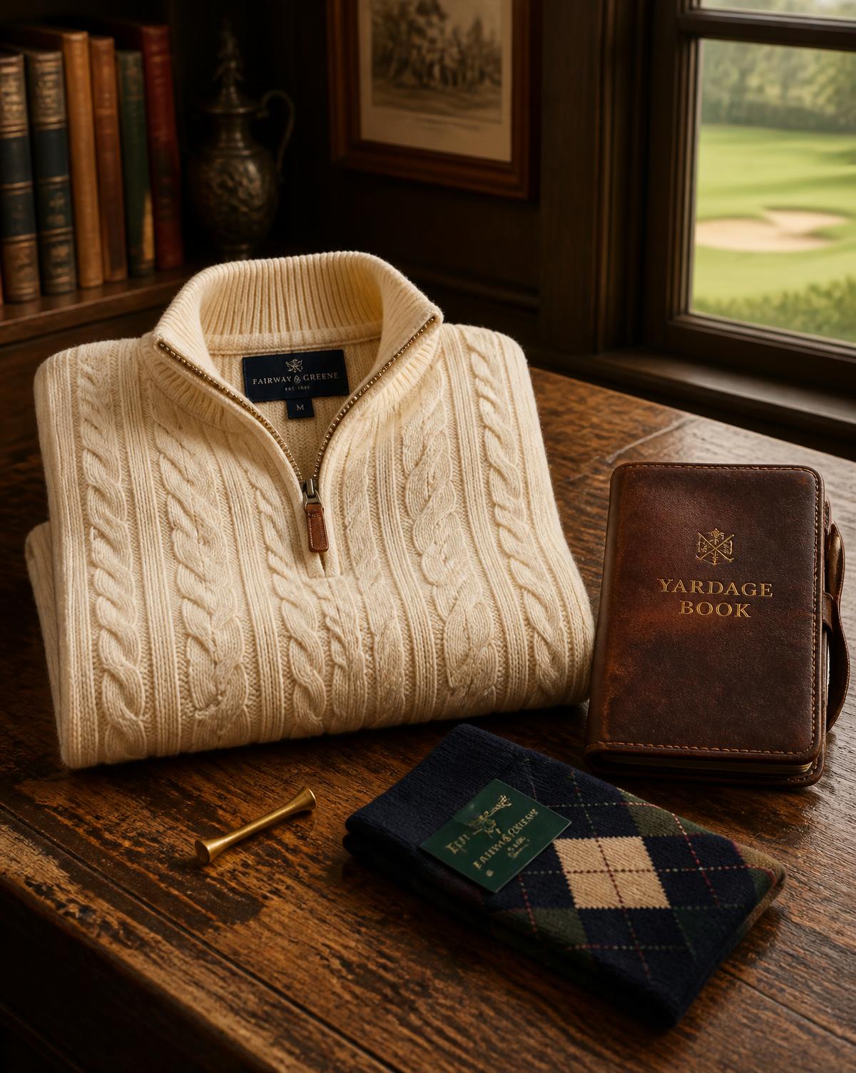 Cream cable-knit quarter-zip, leather yardage book and argyle socks on an oak clubhouse table