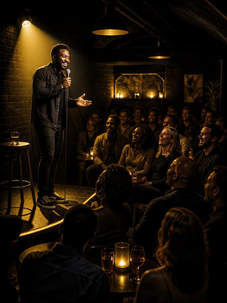 Stand-up comedian on the Saint-Ex stage with a mixed crowd laughing
