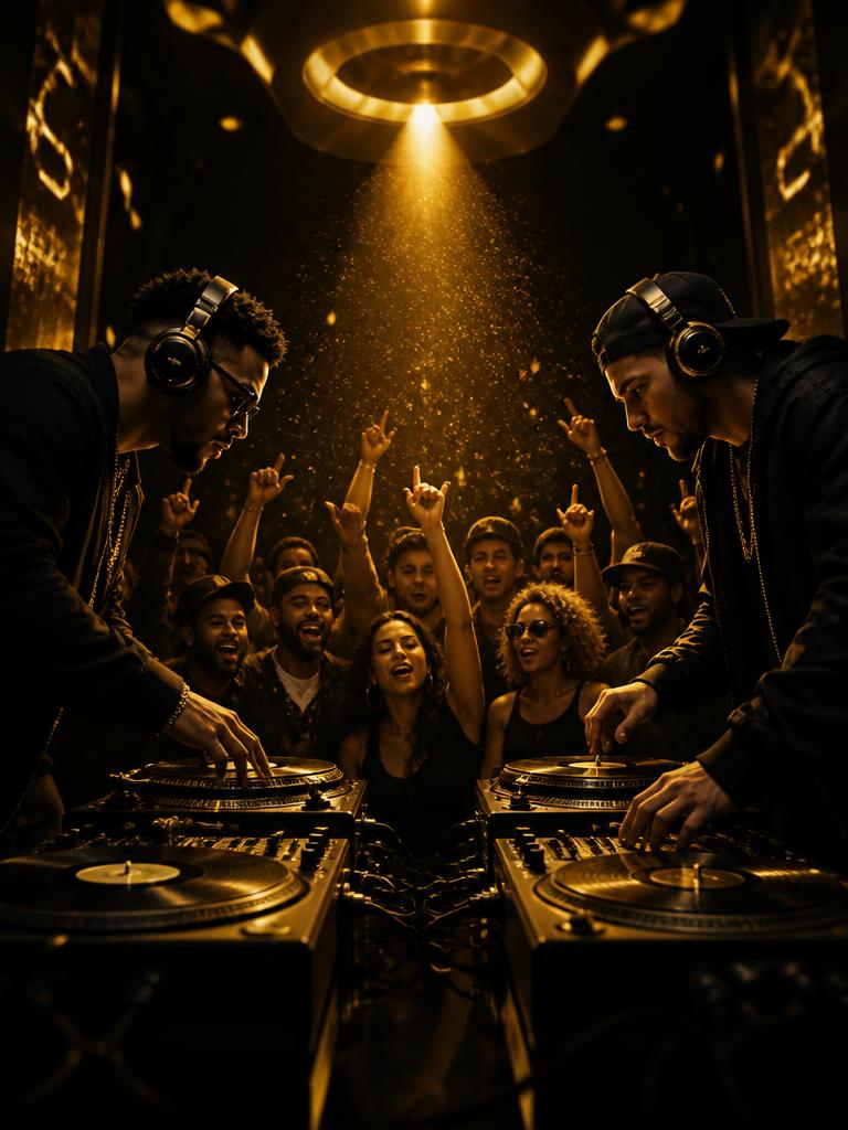 Two DJs facing off on turntables with a diverse crowd