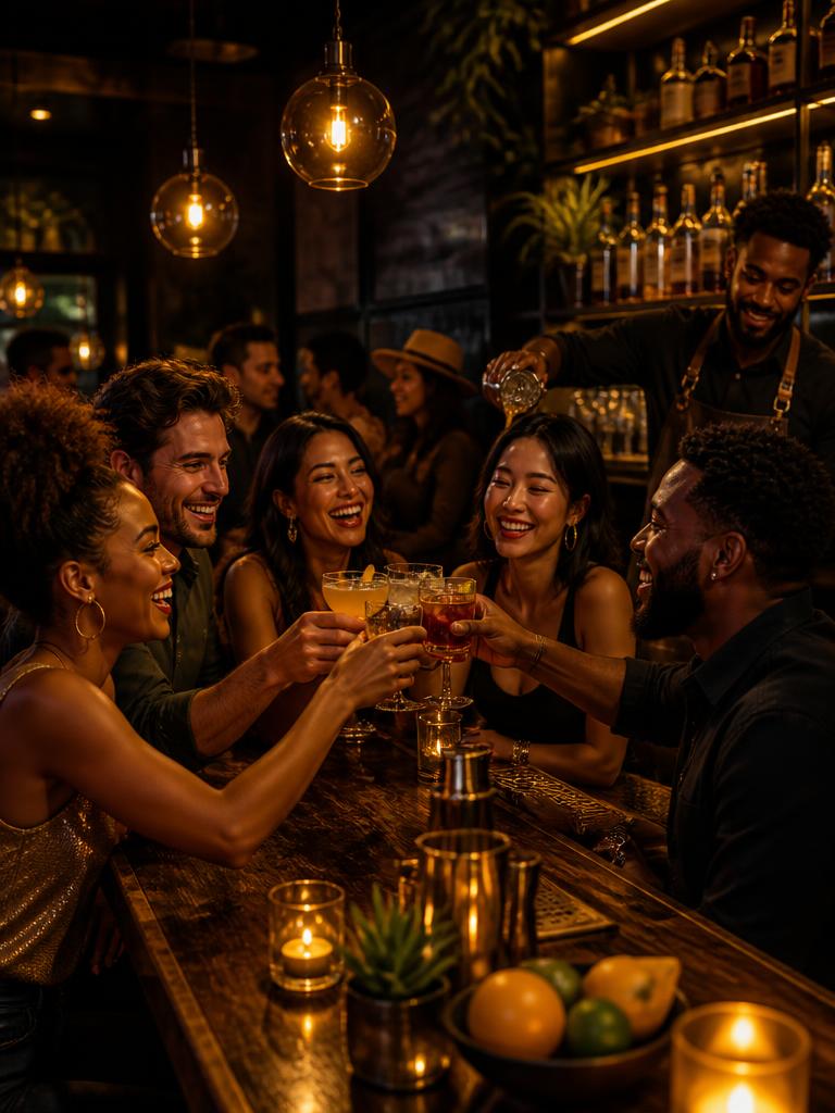 After-work crowd toasting cocktails at the bar