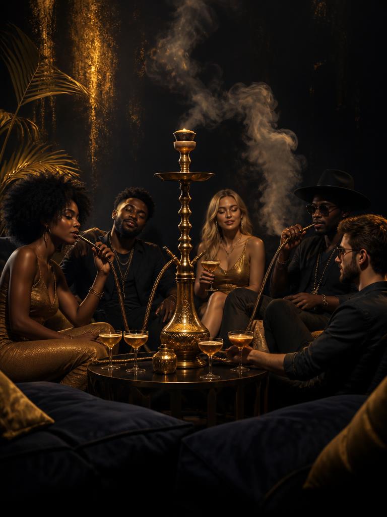 Friends around a hookah on velvet couches in the lounge