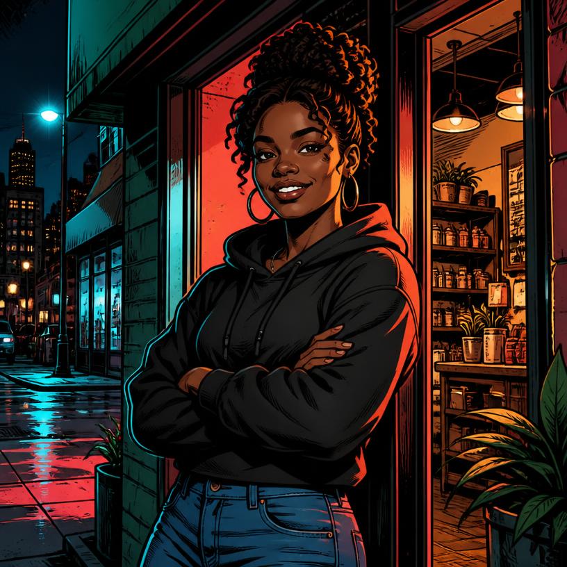 A business owner standing in the doorway of her lit storefront at night