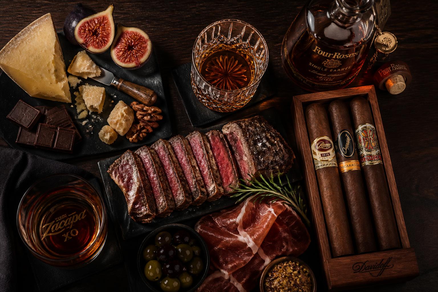 Cigar, bourbon, steak and charcuterie pairing board