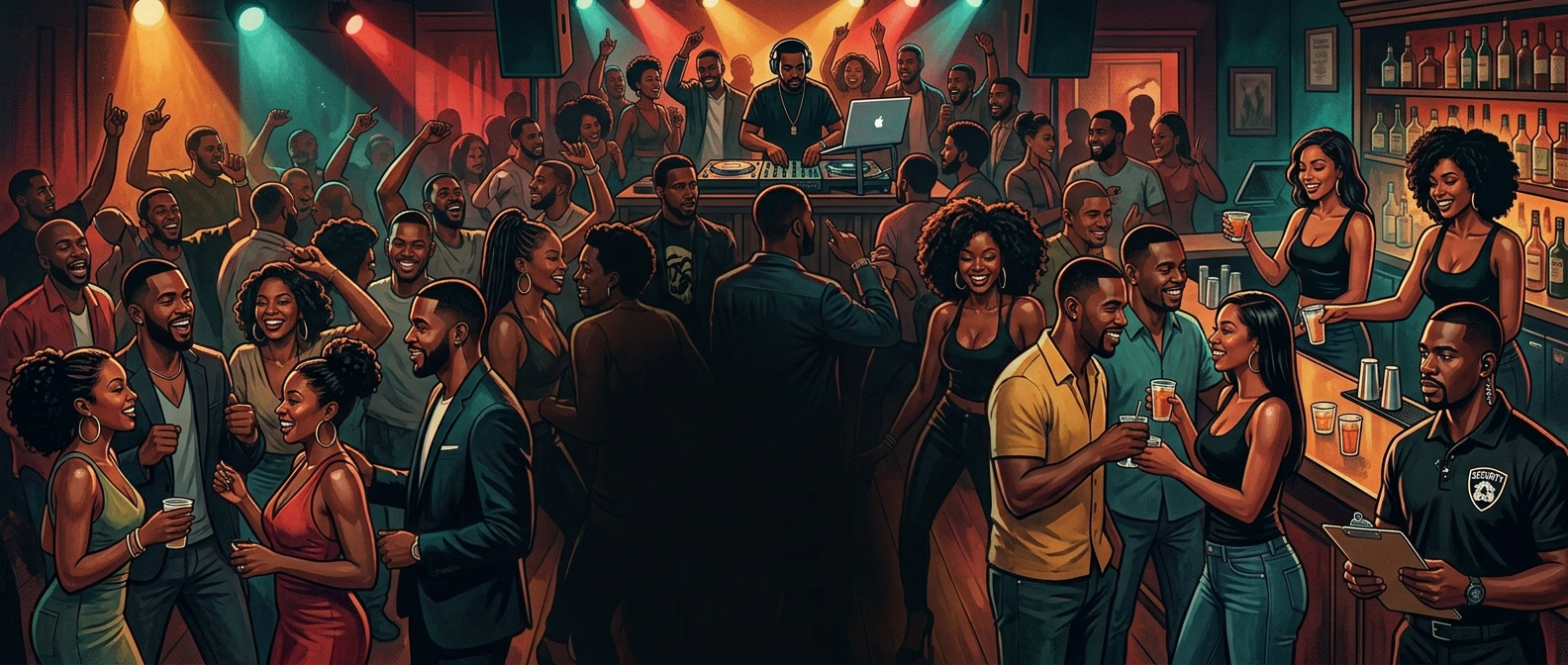 Saint-Ex crowd dancing while a DJ performs and bartenders serve the room