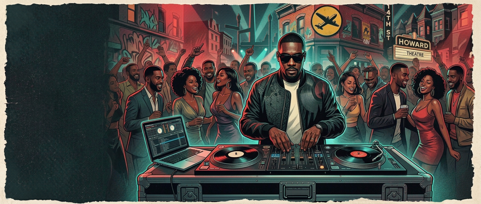Saint-Ex DJ performing with turntables and laptop for a dancing DC crowd