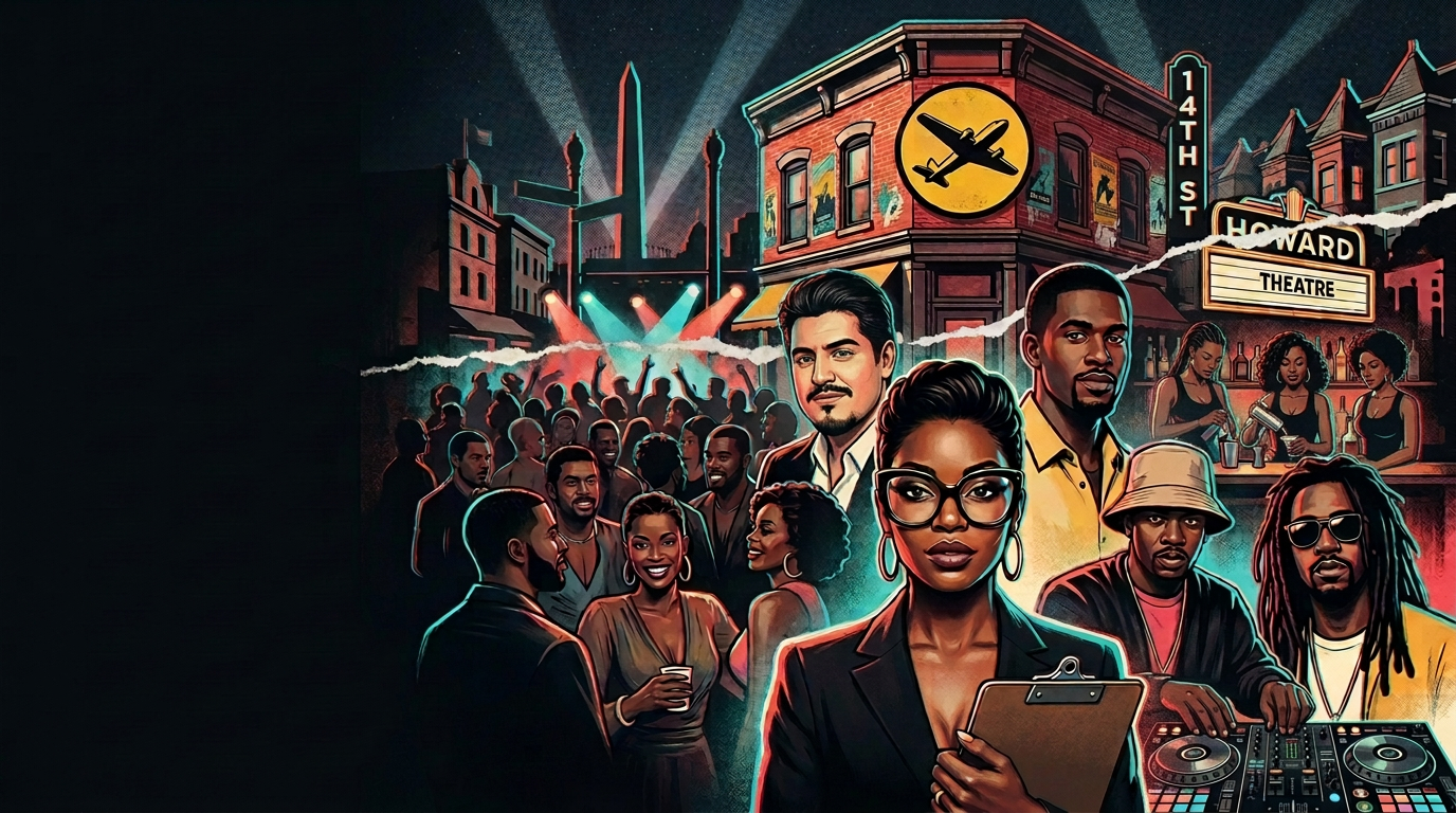 Cafe Saint-Ex building, Monica, owner-agents Eddie and Nate, DJs, bartenders, and guests in a layered nightlife collage