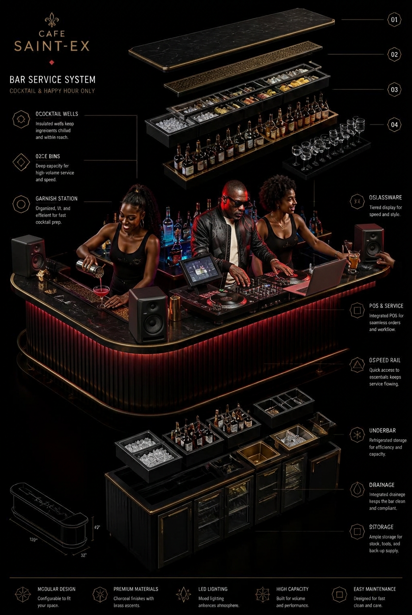 Isometric 3D Saint-Ex bar service system with a working DJ booth and club bartenders