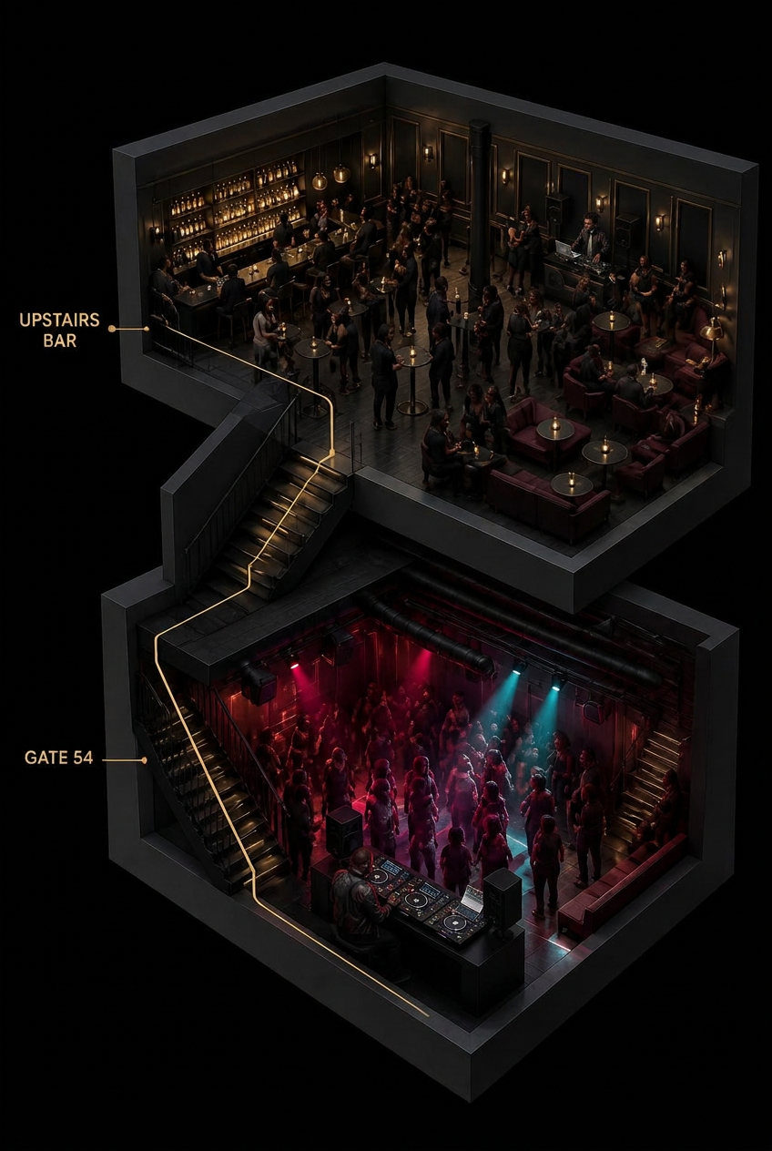 Isometric cutaway connecting Saint-Ex's upstairs and downstairs DJ rooms