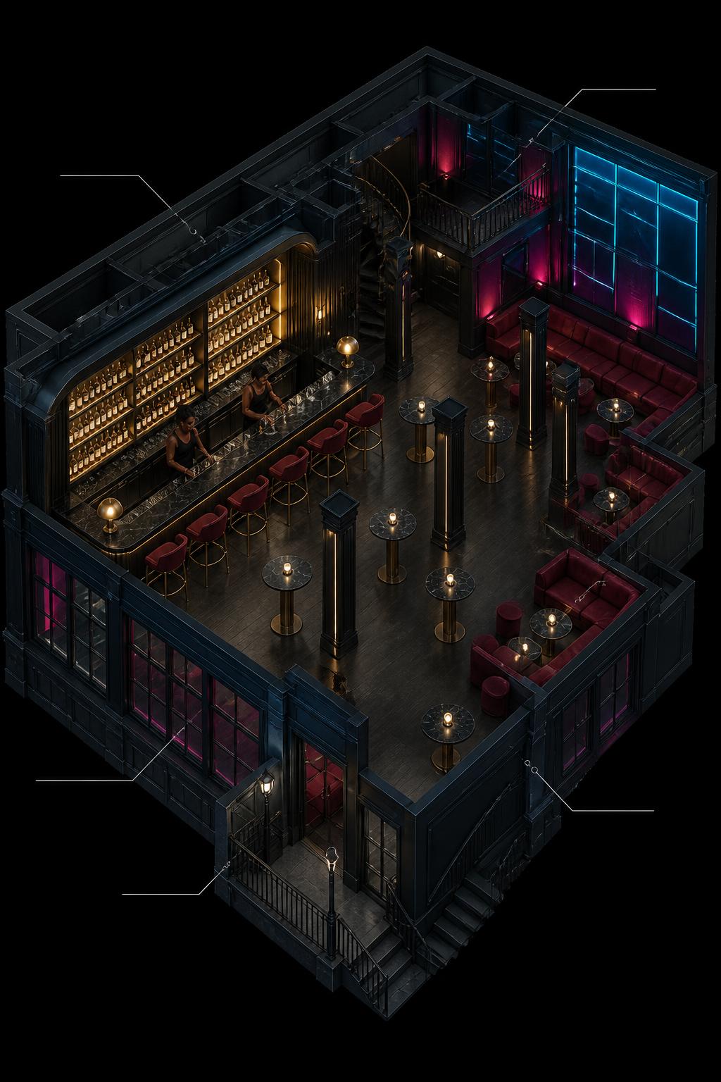 Upstairs Bar isometric 3D layout