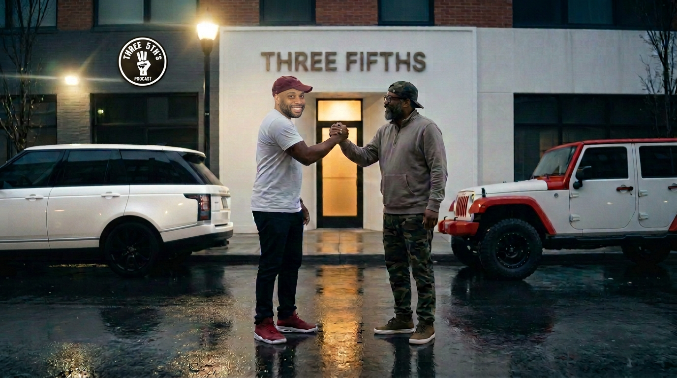 The two Three Fifths hosts greeting outside the studio at equal height